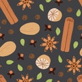 Spice seamless pattern. Holiday print with spicy ingredients for hot drink - mulled wine ot Christmas punch.