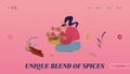Spice and Seasoning Ingredients Website Landing Page. Woman with Bowl Collecting Herbs and Flowers in Forest