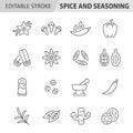 Spice and seasoning line icon set. Vector collection condiment with vanilla, clove, hot pepper, cinnamon, anise star, salt shaker Royalty Free Stock Photo