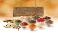 Spice set and wooden board Royalty Free Stock Photo