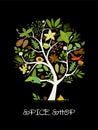 Spice shop, concept image, herbs and spices collection on tree for your design