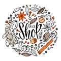 Spice Shop Logo. Round frame with Doodle Outline vector spices and lettering,. Flavor cooking ingredient. For farmers