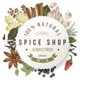 Spice shop paper emblem with different spices Royalty Free Stock Photo