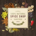 Spice shop paper emblem with different spices in vintage style Royalty Free Stock Photo