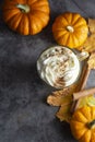 Spiced autumn pumpkin latte drink with cinnamon and cream foam top view with copy space fall drink