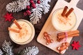 Spiced Christmas eggnog, table scene from above on a dark background.