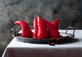 Spiced hibiscus or red wine poached pears. Delicious winter french dessert.