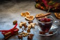 Spiced hot red wine in a transparent cup Royalty Free Stock Photo