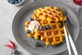 Spiced pumpkin waffles with whipped cream, honey and blueberries on a gray plate on a gray concrete background.