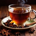 Spiced Tea, fresh brewed spiced tea with spices and masala drink with asian tea leaves