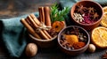 Spices and Aromatics: Cinnamon, Star Anise, Citrus, and Herbs on Rustic Wooden Table Royalty Free Stock Photo