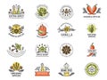 Spices badges. Kitchen preparing food herbal ingredients healthy natural aroma leaves herbs spices recent vector labels