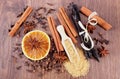 Spices for baking or cooking on wooden surface plank Royalty Free Stock Photo