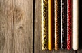 Spices in beakers on wooden table Royalty Free Stock Photo