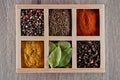 Spices in box cummin, pepper, laurer, curry, paprika, chili