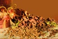 Spices on brown background