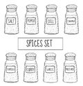 Spices in cans set sketch. Seasoning collection. Hand drawing, doodle style. Vector illustration