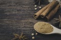 spices cinnamon powder, cinnamon sticks, star anise and white pepper seed on dark wooden table Royalty Free Stock Photo