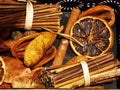Spices cinnamon and slices of dried oranges