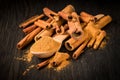 Spices; cinnamon sticks and ground in a wooden spoon on a dark background Royalty Free Stock Photo