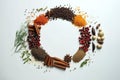 Spices in circular form over with background with copy space for text.