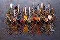 Spices in closeup on graphite board Royalty Free Stock Photo