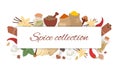 Spices collection with lettering banner and cinnamon, cloves, pepper and curcuma, vanilla spices vector illustration.