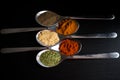 Spices colored in silver spoons Royalty Free Stock Photo