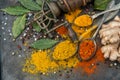 Spices curry turmeric ginger bay leaf paprika powder Food background