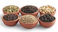 Spices of different kinds are placed in separate bowls on a white background Royalty Free Stock Photo