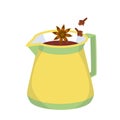 Spices falling into brew pot, yellow teapot with handle and drink, clove and star anise