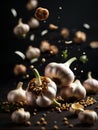 Floating cooking spices, herbs, barks, roots, seeds, powder. Add flavor and aroma to food. Cinematic advertising photography