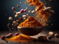 Floating cooking spices, herbs, barks, roots, seeds, powder. Add flavor and aroma to food. Cinematic advertising photography