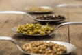 Spices and herbal tea ingredients on spoons