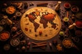 Spices and herbs around the world map on a wooden table, Follow the spice trails with a map highlighting the origins of aromatic