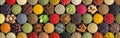 Spices and herbs background. Large set of seasoning top view. Colorful condiments for label prints or site caps Royalty Free Stock Photo