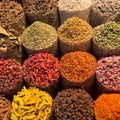 Spices and herbs being sold on Morocco traditional market. Royalty Free Stock Photo