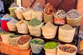 Spices and herbs being sold on street stal at Morocco market Royalty Free Stock Photo