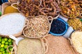 Spices and herbs being sold on street stal at Morocco traditional market Royalty Free Stock Photo