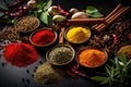 Spices and herbs on black background. Food and cuisine ingredients. Aromatic herbs and spices background. Seasoning as ingredient