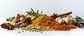 Spices and herbs creating a flavorful landscape on a white surface Royalty Free Stock Photo