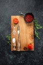 Spices, Herbs, Cutting board for cooking. menu background. vertical image. top view. place for text