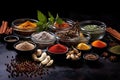 Spices and herbs on dark background. Food and cuisine ingredients, Variety of spices in glass bowls and mortar on black slate Royalty Free Stock Photo