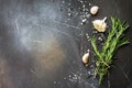 Spices and herbs on a dark stone or slate table. Ingredients for cooking. Food background. Royalty Free Stock Photo