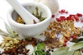 dried Spices and herbs with mortar