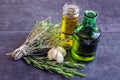 Spices, herbs and garlic, olive oil next to a bottle Royalty Free Stock Photo