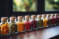 Spices and herbs in glass jars on wooden table in kitchen Royalty Free Stock Photo