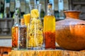 Spices and herbs ingredients in decorative glass bottles,kitchen decoration Royalty Free Stock Photo