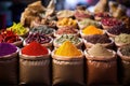 Spices and herbs on the market in India. Selective focus, Immerse in an exotic spice bazaar, with colorful sacks and jars