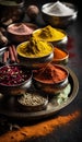 Spices and herbs in metal bowls on dark background. Food and cuisine ingredients.